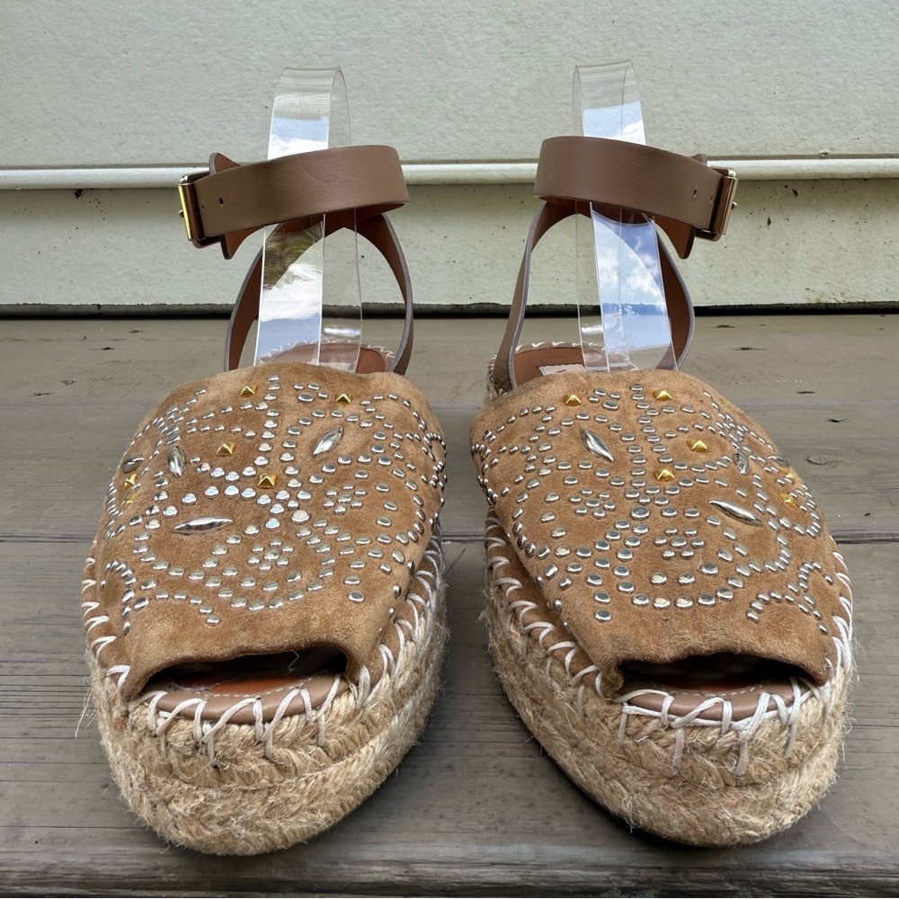 Valentino Garavani Brown Suede Peep Toe Ankle Strap Platform Espadrilles size 40 - Picture 4 of 13